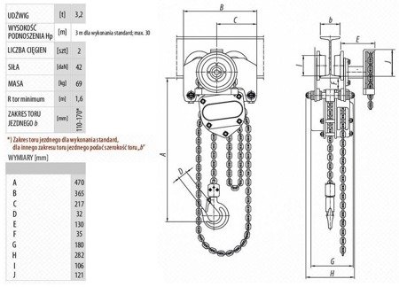 Wyciągarka łańcuchowa przejezdna - z atestem ATEX (udźwig: 3,2 T, wysokość podnoszenia: 3m, zakres toru jeznego: 110-170 mm) 9588159
